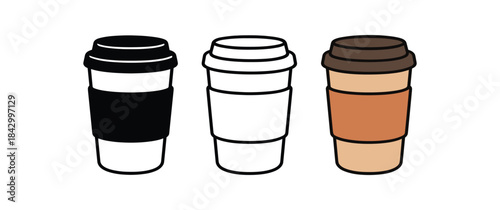 Flat vector illustration takeaway coffee cups with lid and sleeve soft rounded forms clean outline one black and white flat version one outline version one color version cozy lifestyle style