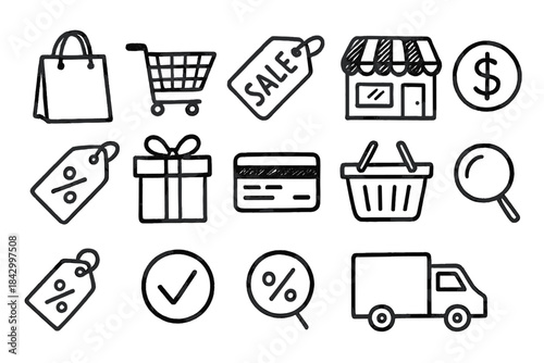 Shopping essentials linear icon set. featuring shopping bag, cart, sale tag, store, dollar sign, gift, credit card, basket, truck, percentage