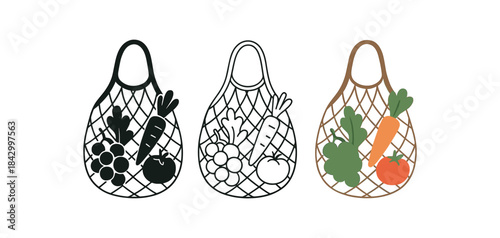 Flat vector illustration reusable shopping bags with fruits and vegetables soft rounded shapes clean outline one black and white flat version one outline version one color version cozy eco