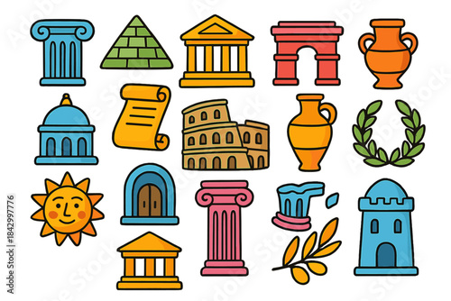 Ancient greece flat icon set. featuring column, amphitheater, temple, helmet, laurel, scroll, shield, and vase