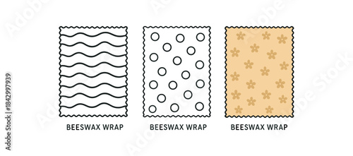 Flat vector illustration beeswax wraps with simple patterns soft rounded shapes clean outline one black and white flat version one outline version one color version cozy eco lifestyle style