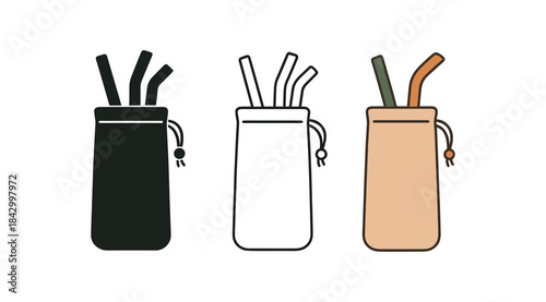 Flat vector illustration reusable straws small pouches soft rounded silhouettes clean outline one black and white flat version one outline version one color version cozy eco lifestyle style