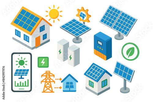 Renewable energy isometric icon set. featuring solar panels, smart grid, battery, inverter, solar house, and eco symbols