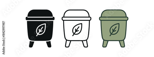 Flat vector illustration compost bins with simple leaf icons soft rounded forms clean outline one black and white flat version one outline version one color version cozy eco lifestyle style