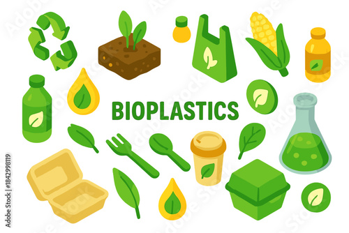 Bioplastics flat icon set. featuring recycle, plant, bottle, seedling, corn, flask, cutlery, and compost symbols
