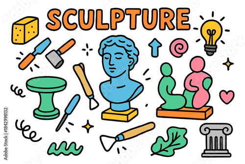 Sculpture flat icon set. featuring bust, chisel, pedestal, artisan, statue, and columns icons