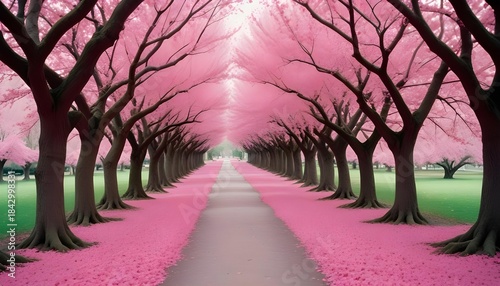 A picturesque pathway lined with blooming cherry blossom trees in full spring splendor