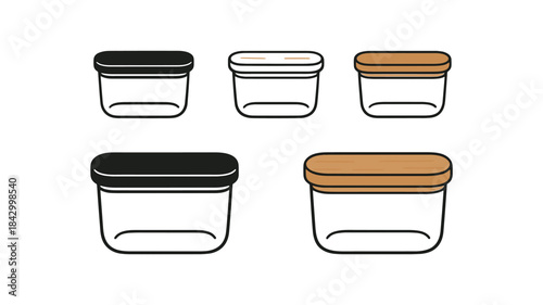 Flat vector illustration stackable glass containers with bamboo lids soft rounded silhouettes clean outline one black and white flat version one outline version one color version cozy eco