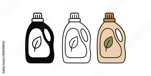 Flat vector illustration eco friendly laundry bottles with leaf marks soft rounded shapes clean outline one black and white flat version one outline version one color version cozy eco