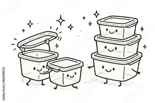 Cartoon of a stack of plastic containers with a smiling face on the top
