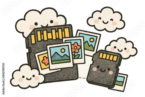 Cartoon drawing of a camera with a black memory card