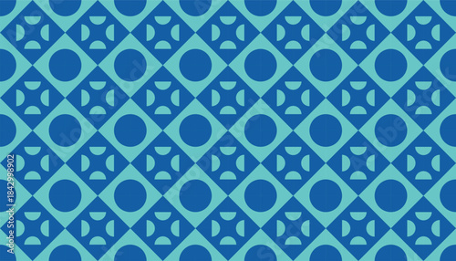 A repeating abstract design with layered blue circles and curved accents in a diamond grid.