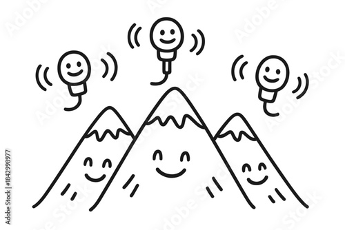 Cartoon drawing of three smiling faces on top of three mountains