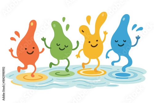 Four cartoon characters are splashing in a pool of water