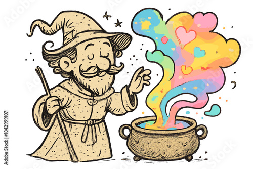 Wizard is pouring a colorful liquid into a cauldron