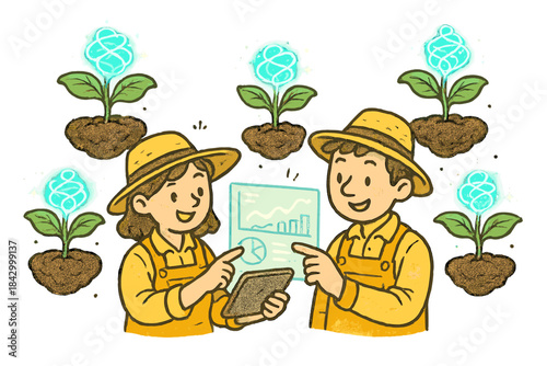 Two people are looking at a tablet with a graph on it