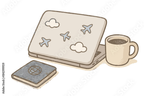 Laptop with a sticker of airplanes on it sits on a table next to a passport