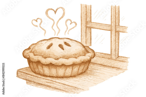 Pie with a heart drawn on it sits on a windowsill