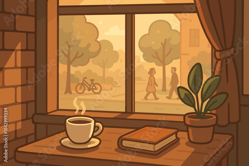 Cozy cafe scene flat icon set. featuring window, coffee, book, plant, trees, bike, and walking people symbols