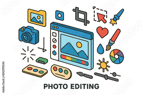 Photo editing flat icon set. featuring camera, crop, color palette, brush, heart, sun, and water drop symbols