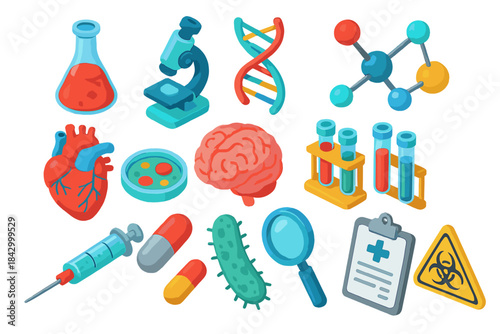 Medical research isometric icons set. featuring dna, brain, microscope, test tubes, and heart symbols