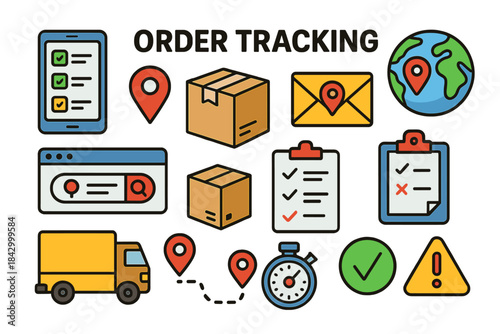 Order tracking flat icon set. featuring smartphone, location, box, email, browser, clipboard, truck, timer, checklist, alert