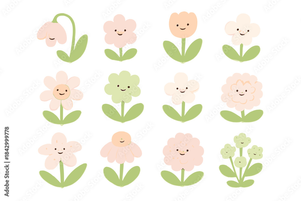 Fototapeta premium Set of cartoon flowers with different colors and sizes