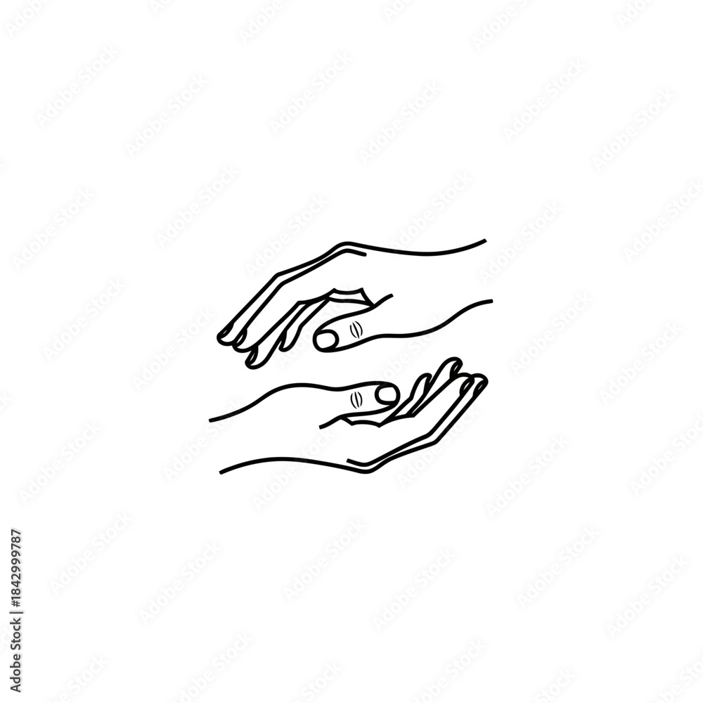 Obraz premium Minimalist line art illustration of two hands, one above the other, with spiral symbols on the palms, suggesting giving, receiving, or energy exchange.