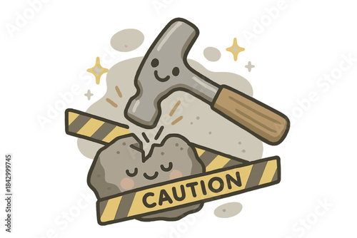 Cartoon of a hammer smashing a rock with a caution sign in the background