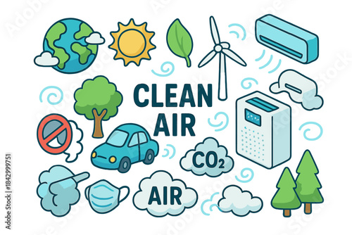 Environment and clean air flat icon set. featuring globe, sun, leaf, wind turbine, air conditioner, car, mask