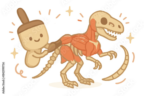 Cartoon drawing of a dinosaur skeleton with a paintbrush on its back