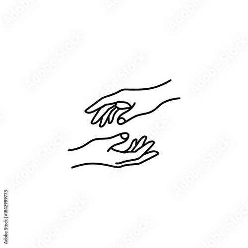 Minimalist line art drawing of two hands reaching towards each other on a white background, symbolizing connection or help.