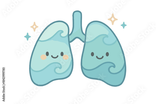 Two cartoon lungs with smiling faces and a wave in the middle