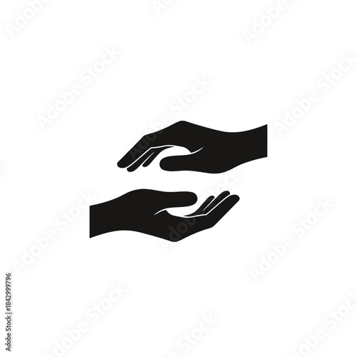 Black silhouette icon of two hands, one above and one below, symbolizing care, protection, and support.