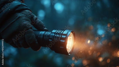 Hand in glove holding a glowing flashlight beam in dark blurred rainy background, concept for camping adventure, search mission and outdoor exploration