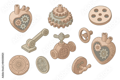 Vintage Automaton Anatomy. Isometric vector illustration set Vintage automaton anatomy: mechanical hearts, layered gear assemblies