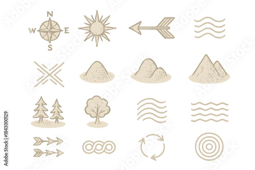 Ancient Cartographic Symbols. Isometric vector illustration set Forgotten cartographic marks: ancient map symbols, etched