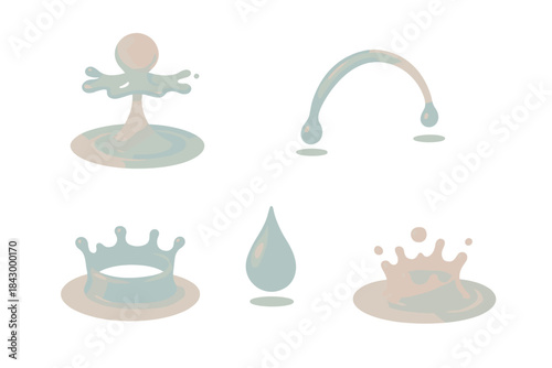 Fluid Dynamics Study. Isometric vector illustration set Droplet motion study: fluid collisions, curved liquid bridges, splash