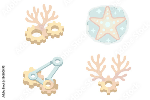 Biomechanical Marine Artistry. Isometric vector illustration set Bio-mechanical constellations: coral growth over gears, luminous
