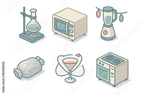 Culinary Innovation Icons. Isometric vector illustration set of culinary innovation icons: precise molecular cooking gear,