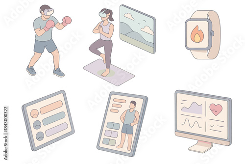 Fitness Tech Tools. Isometric vector illustration set of fitness technology tools: cardio boxing session with gloves and headset,