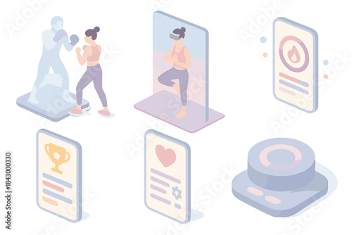 Immersive Wellness Tech Icons. Isometric vector illustration set of immersive wellness tech: cardio boxing holographic trainer,