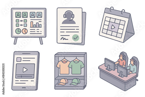 Esports Management Icons. Isometric vector illustration set of esports management icons: draft pick analysis board with stats,