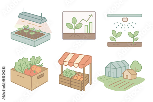 Greenhouse Tech Icons. Isometric vector illustration set of greenhouse technology icons: germination platform under grow lights,