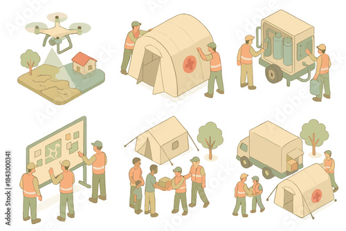 Disaster Aid Management. Isometric vector illustration set of disaster aid management: aerial survey using drone, assembling field