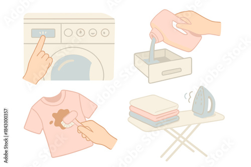 Fabric Care Icons. Isometric vector illustration set of fabric care actions: selecting wash mode, detergent pour motion, spot