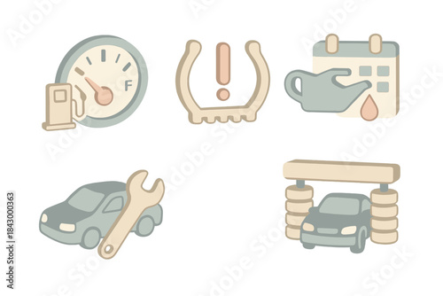 Automotive Dashboard Symbols. Isometric vector illustration set of automotive dashboard symbols: empty gas level, tire pressure