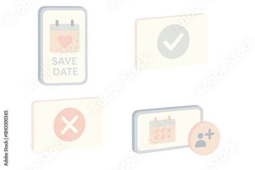 Event RSVP Icons. Isometric vector illustration set of event RSVP features: digital invitation “save the date”, attendance