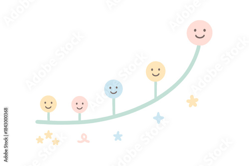 Line of smiling faces with stars and flowers in the background