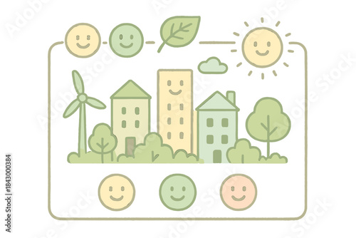 Drawing of a city with a smiling face and a smiling tree